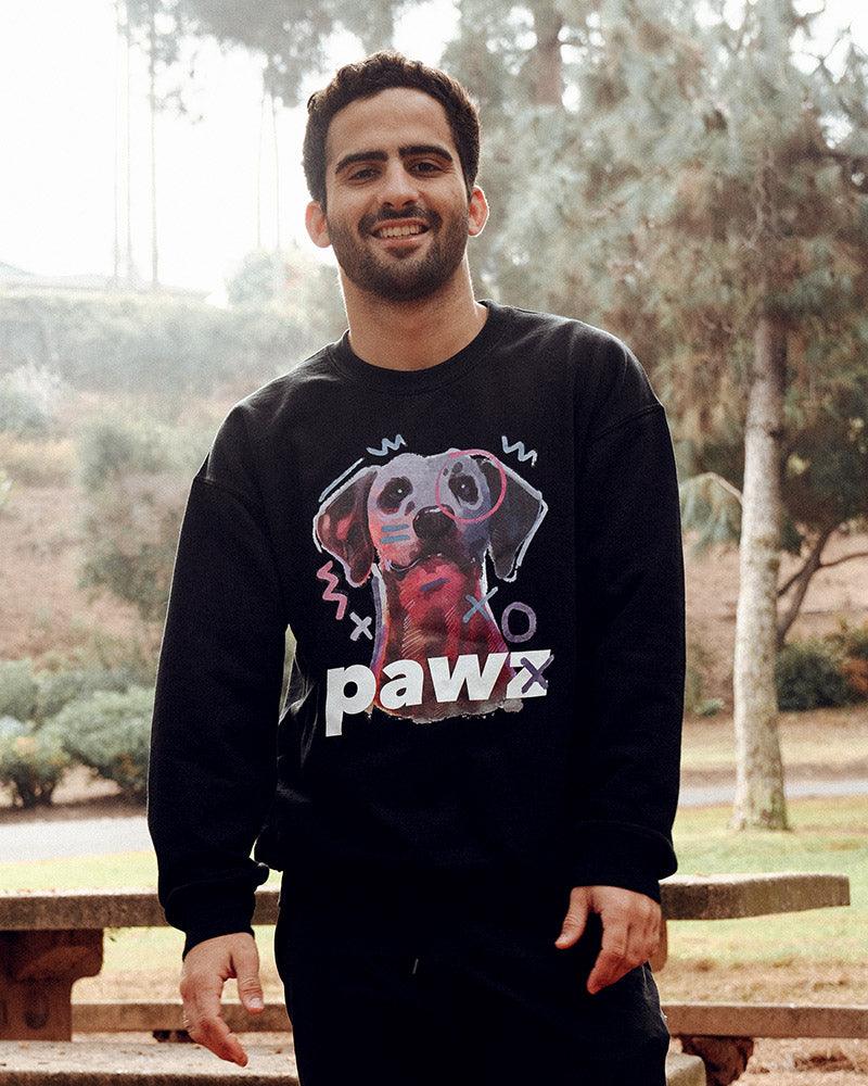 Pawz Men's Neon Sketch Dog Front Print Black Crewneck - Pawz